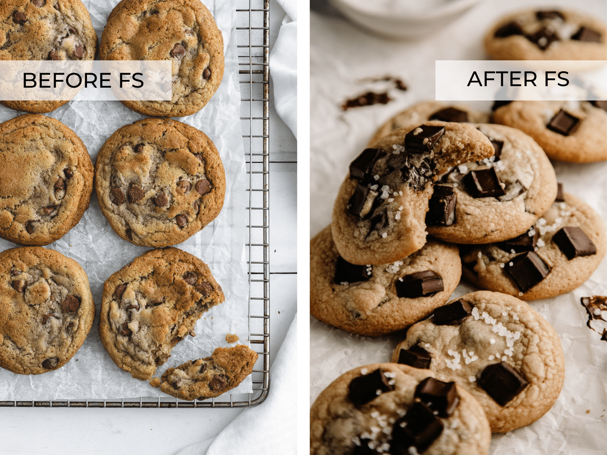 SIDE BY SIDE IMAGES OF CHOCOLATE CHIP COOKIES, BEFORE AND AFTER Foodtography School