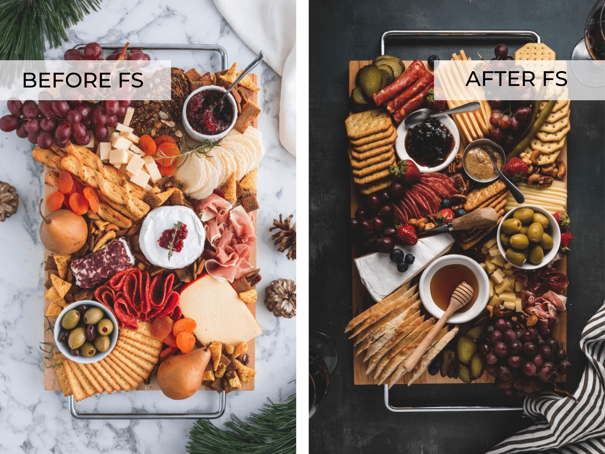 SIDE BY SIDE IMAGES OF CHARCUTERIE BOARDS, Foodtography School REVIEW