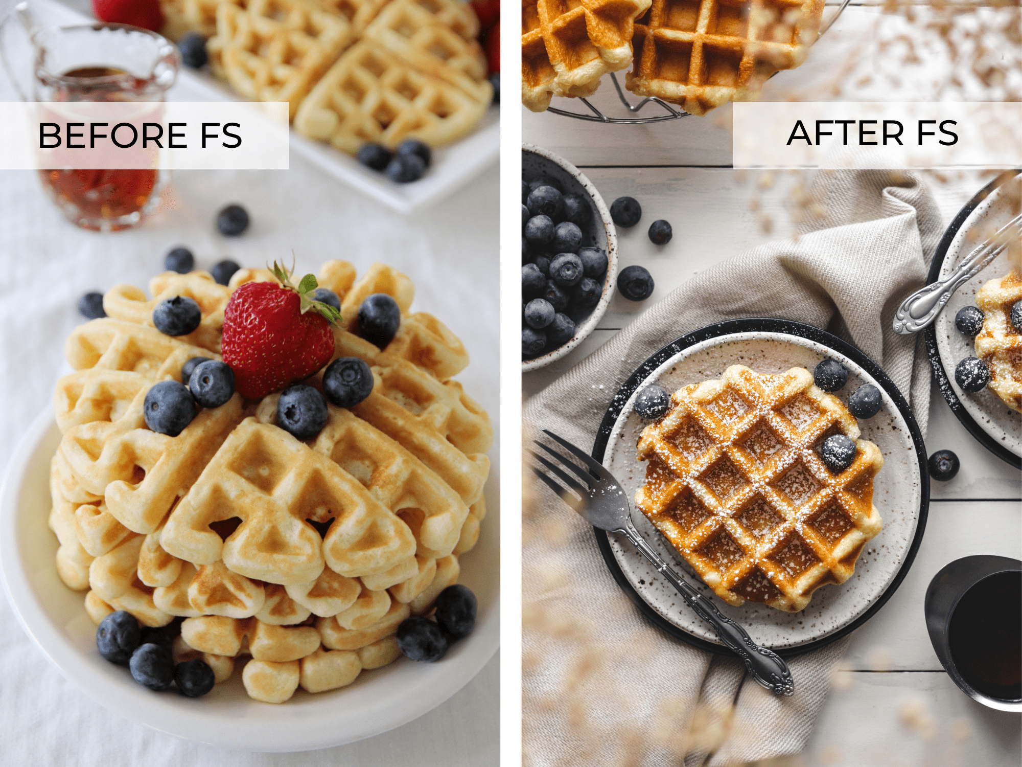 SIDE BY SIDE IMAGES OF WAFFLES, BEFORE AND AFTER Foodtography School