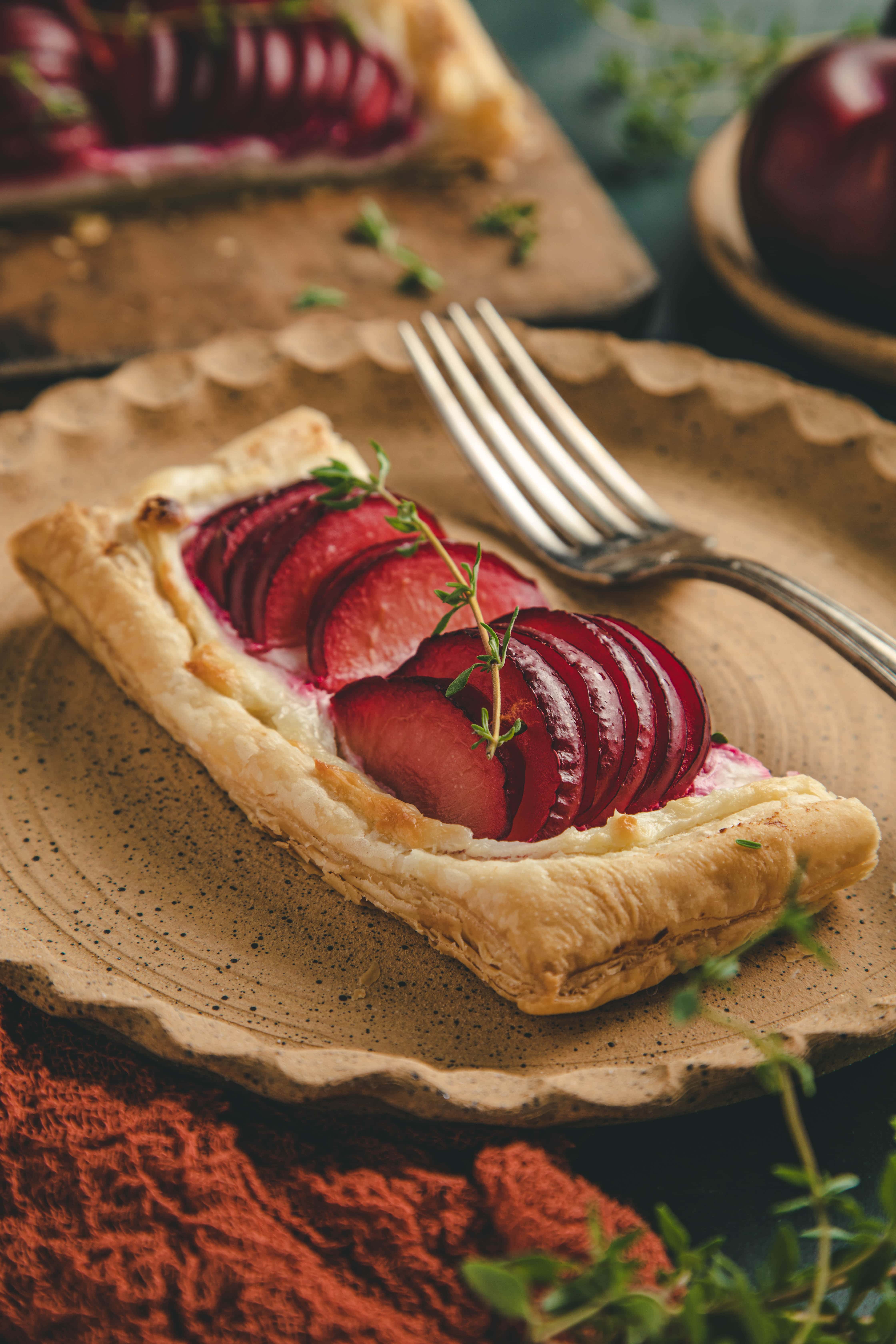 Puff Pastry Plum Tart in a plate 