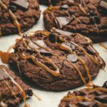Close up of double chocolate caramel espresso cookies.