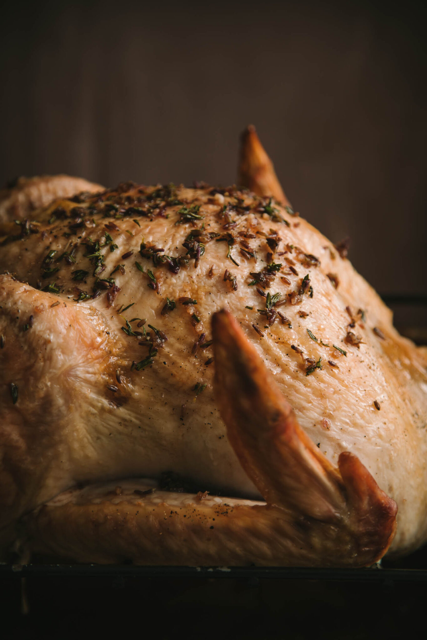 Close up view of a roasted turkey with herbs.
